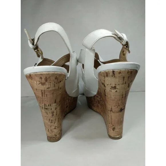 G by Guess Women's White Faux Leather 5" Cork Wedge Heel Strappy Sandal 8.5 M - Picture 4 of 12